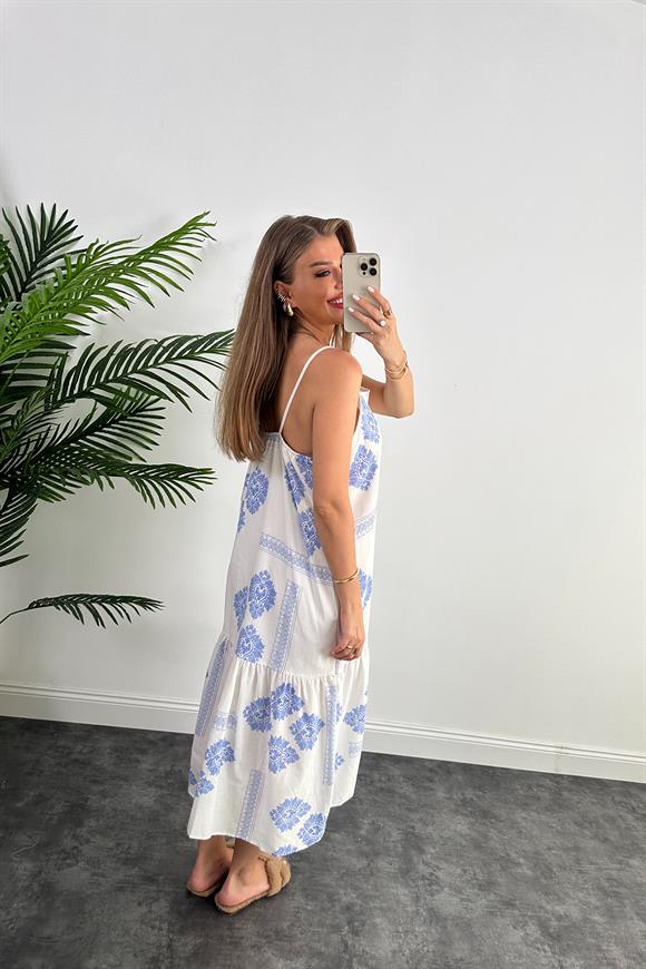 Bebe Marka Tam Pamuklu Mavi Beyaz Maxi Salaş Elbise