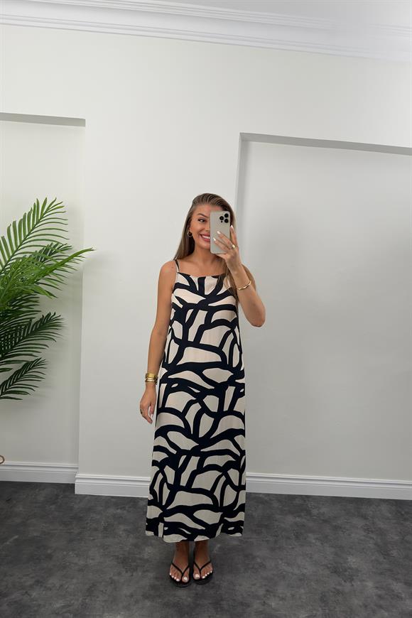 Bebe Plus Marka Pamuk Saten Siyah Krem Desenli Tam Boy Elbise