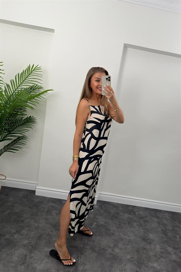 Bebe Plus Marka Pamuk Saten Siyah Krem Desenli Tam Boy Elbise