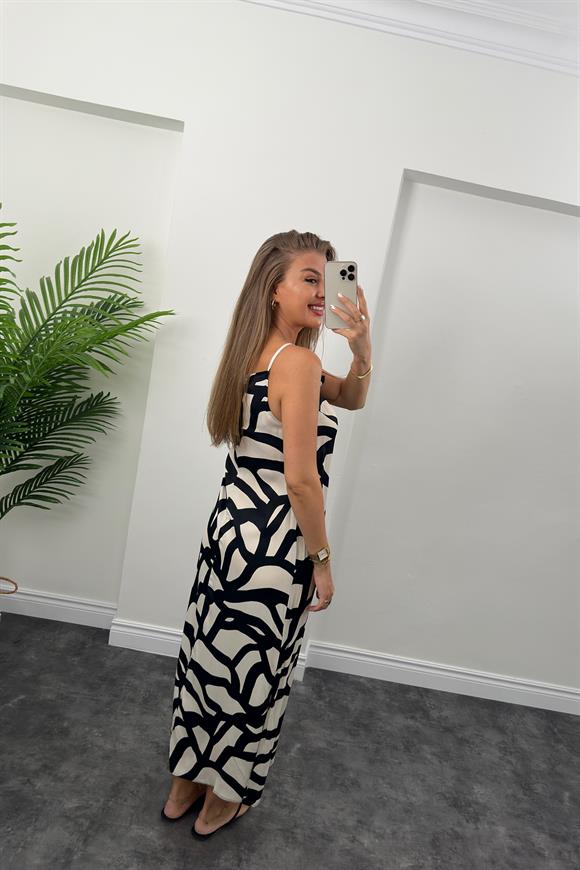 Bebe Plus Marka Pamuk Saten Siyah Krem Desenli Tam Boy Elbise