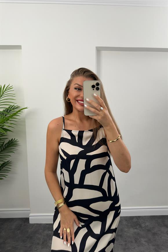 Bebe Plus Marka Pamuk Saten Siyah Krem Desenli Tam Boy Elbise