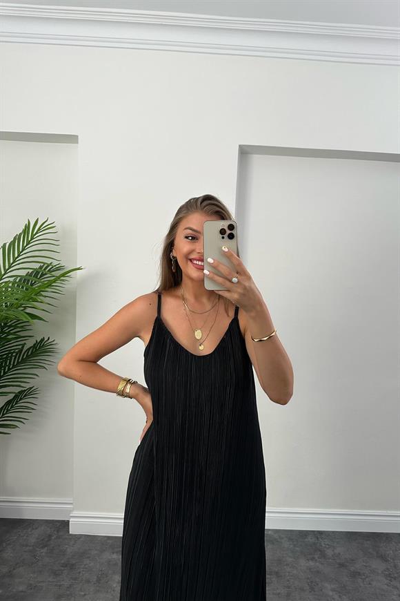 Bebe Plus Pliseli İp Askılı Tam Boy Likra Elbise Siyah   