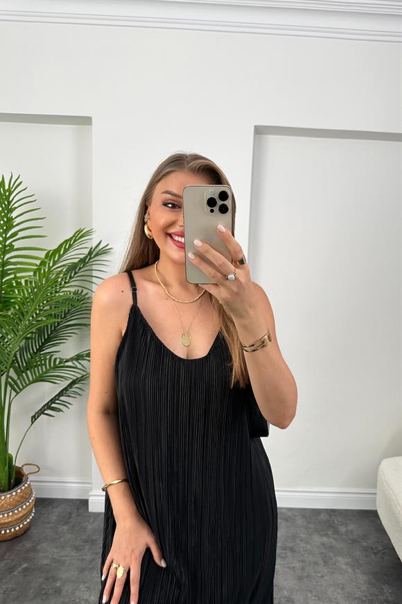 Bebe Plus Pliseli İp Askılı Tam Boy Likra Elbise Siyah   