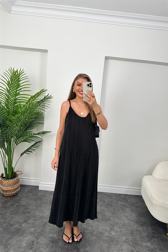 Bebe Plus Pliseli İp Askılı Tam Boy Likra Elbise Siyah   