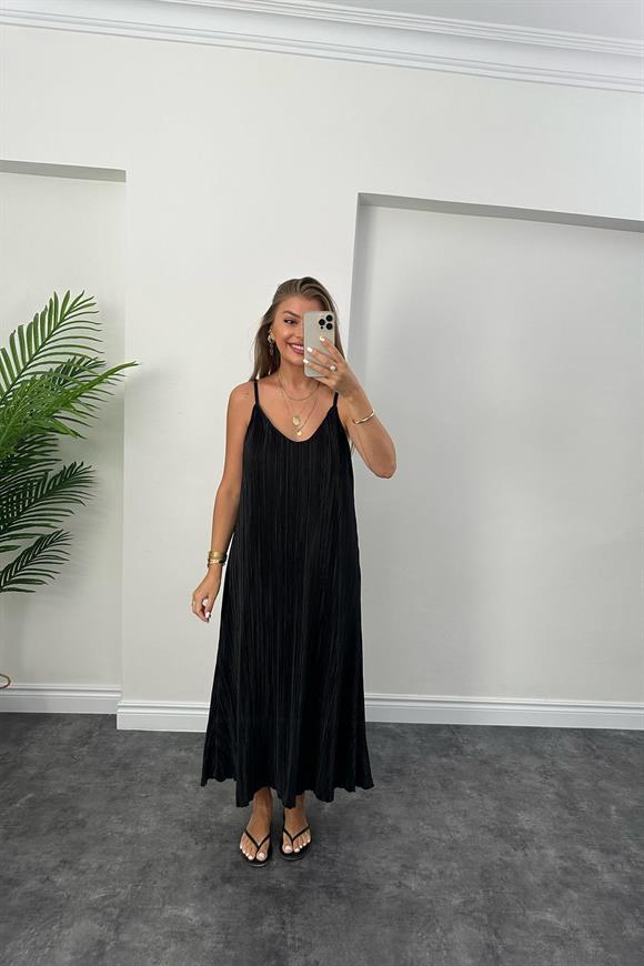 Bebe Plus Pliseli İp Askılı Tam Boy Likra Elbise Siyah   