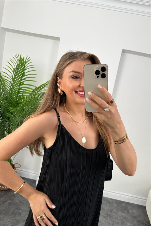 Bebe Plus Pliseli İp Askılı Tam Boy Likra Elbise Siyah   