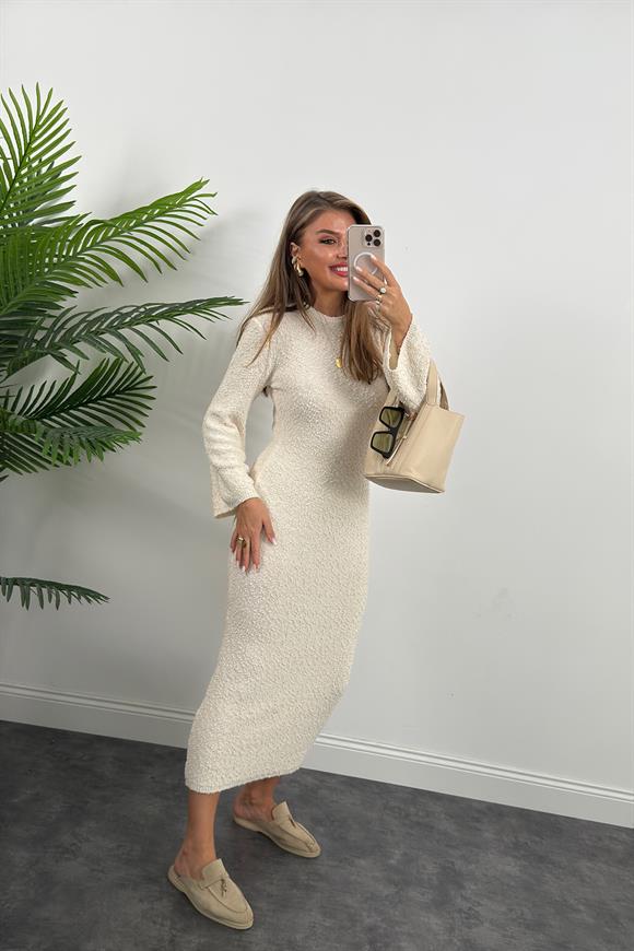 Bisiklet Yaka Buklet Triko Likralı Maxi Elbise