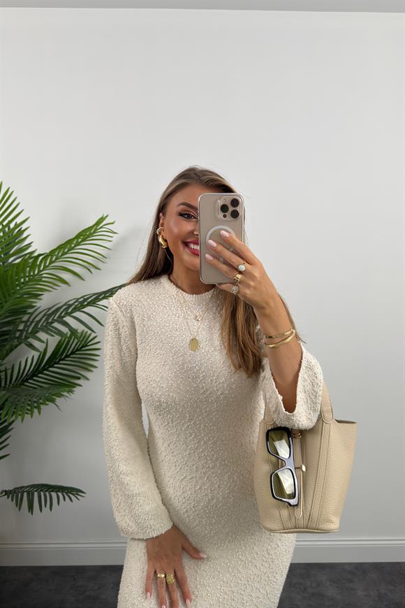 Bisiklet Yaka Buklet Triko Likralı Maxi Elbise