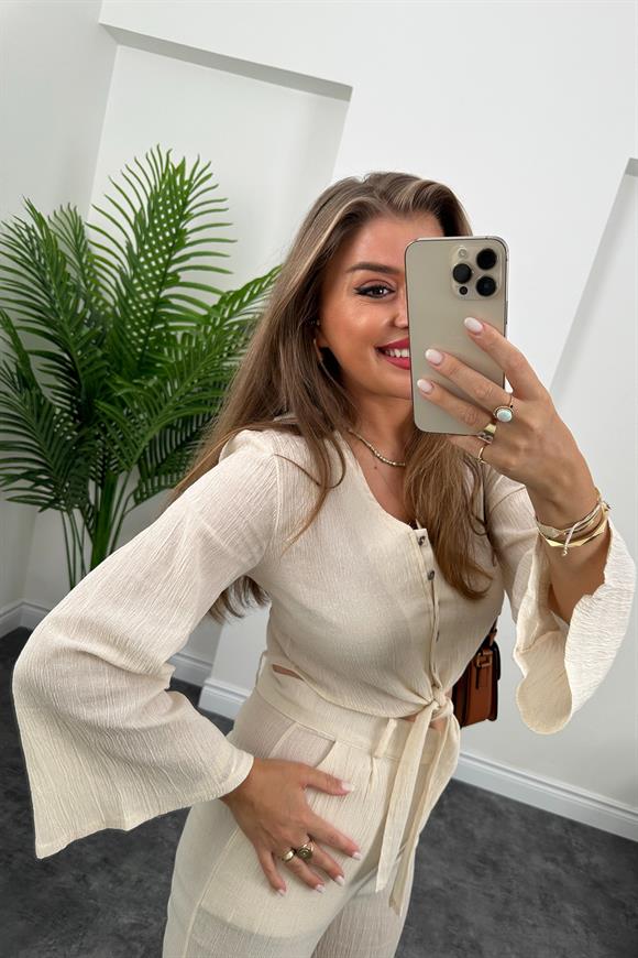 Bohem Serisi Keten Palazzo Bağlamalı Bluz Takım