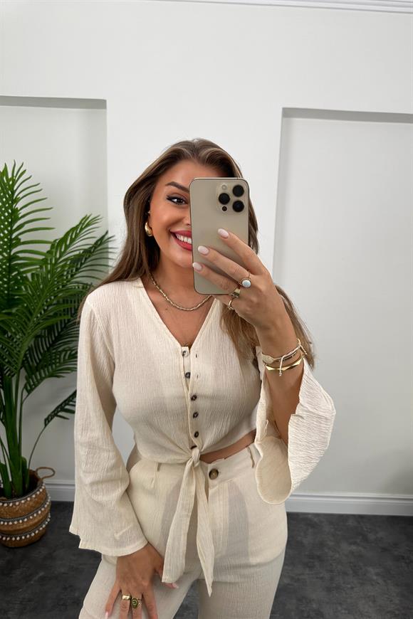 Bohem Serisi Keten Palazzo Bağlamalı Bluz Takım