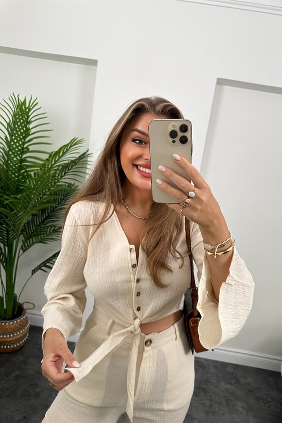 Bohem Serisi Keten Palazzo Bağlamalı Bluz Takım