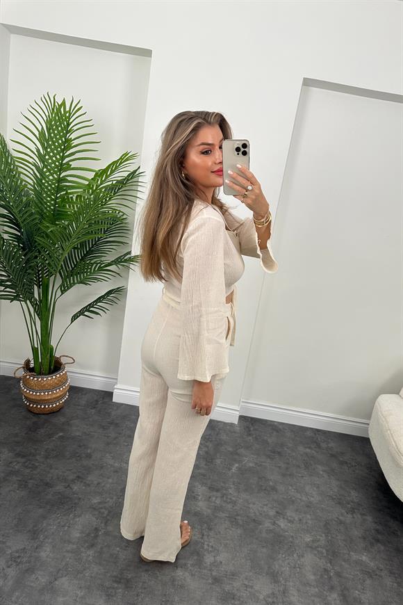 Bohem Serisi Keten Palazzo Bağlamalı Bluz Takım