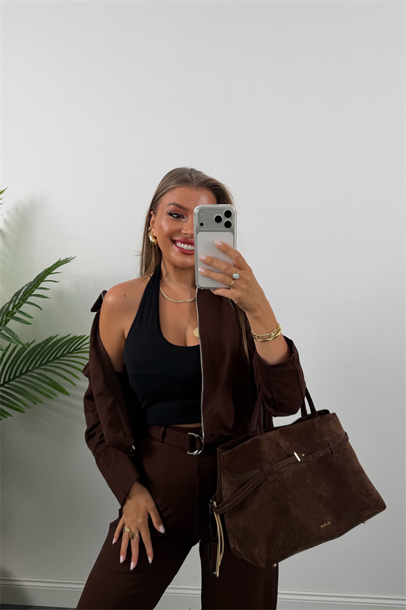 Bomber Ceketli Jogger Pantolon Takım Acı Kahve