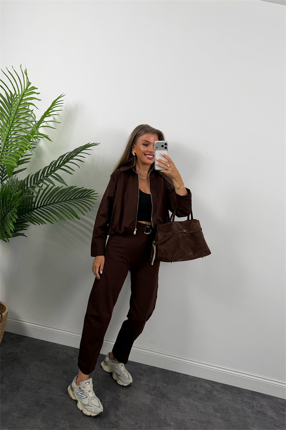 Bomber Ceketli Jogger Pantolon Takım Acı Kahve