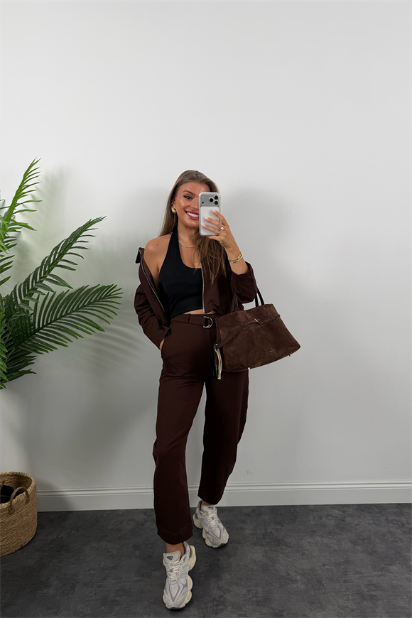 Bomber Ceketli Jogger Pantolon Takım Acı Kahve