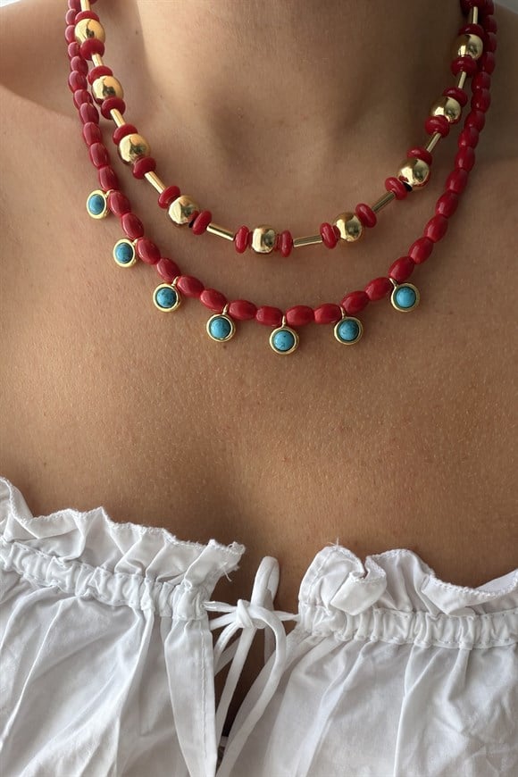 Bordo Boncuklu Top Kolye