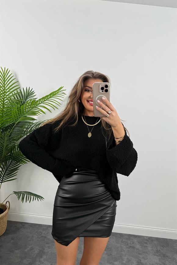 Buklet Triko Pinterest Model Geniş Kol Salaş Kazak Siyah