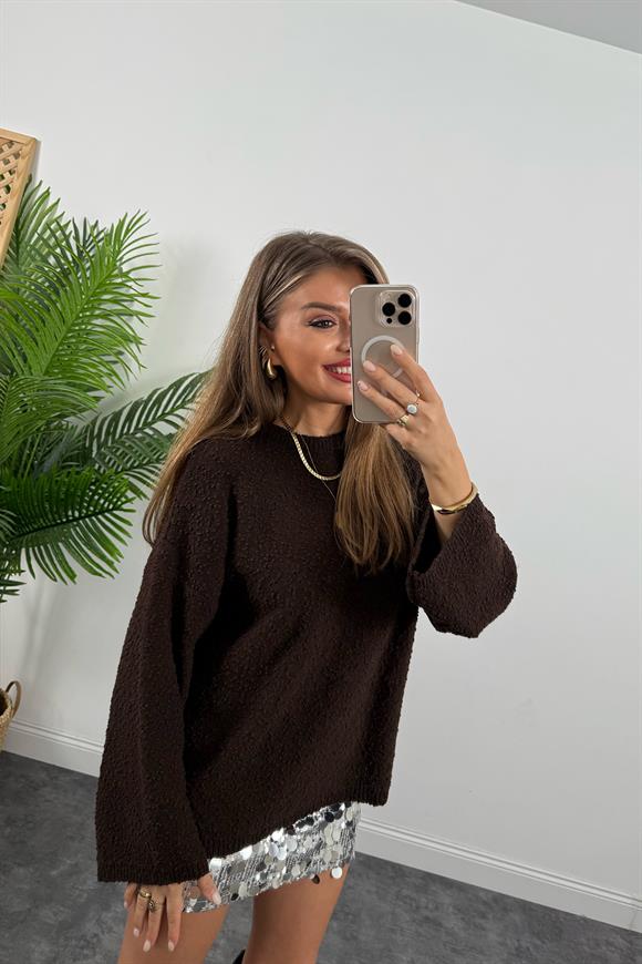 Buklet Triko Pinterest Model Geniş Kol Salaş Kazak Acı Kahve