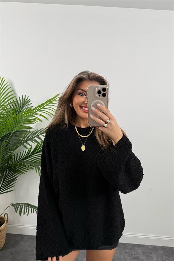 Buklet Triko Pinterest Model Geniş Kol Salaş Kazak Siyah
