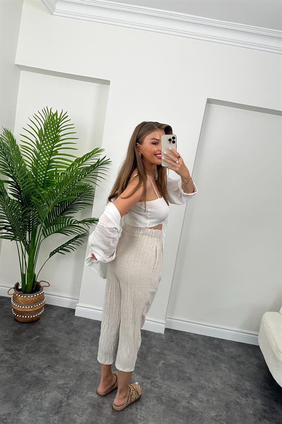 Bürümcük Keten Naturel Renk Harem Jogger Pantolon