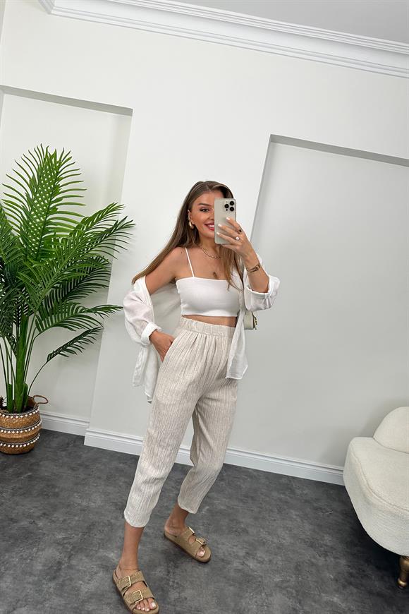 Bürümcük Keten Naturel Renk Harem Jogger Pantolon