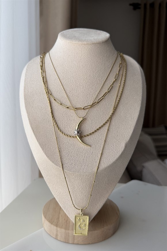 Çelik Ay Detaylı Set Kolye