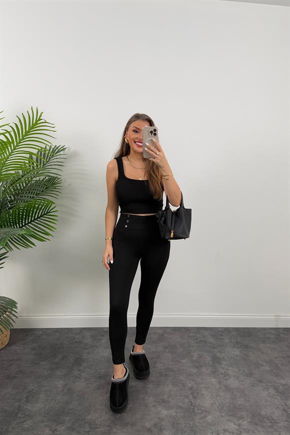 Çift Çelik Dokuma Beli Düğmeli Tayt