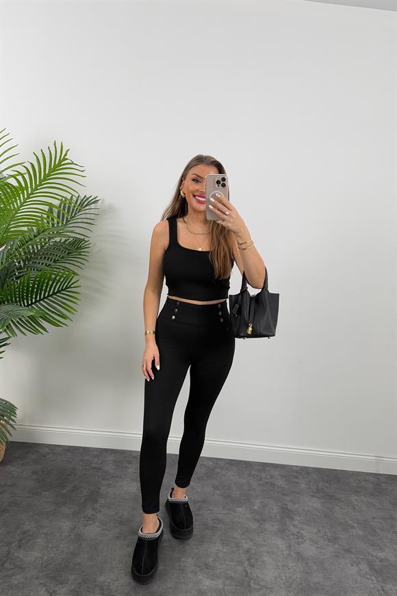 Çift Çelik Dokuma Beli Düğmeli Tayt