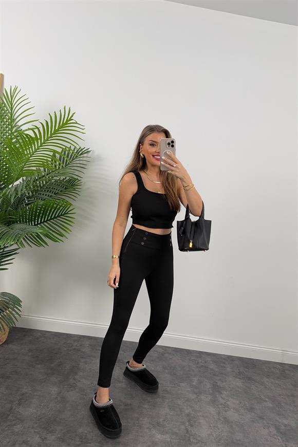 Çift Çelik Dokuma Beli Düğmeli Tayt