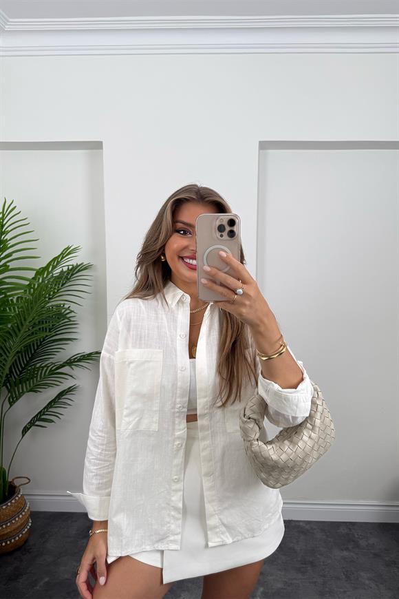 Çift Cepli Basic Keten Gömlek Beyaz