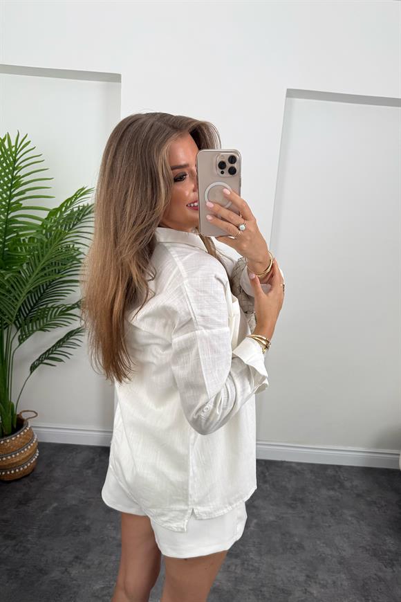 Çift Cepli Basic Keten Gömlek Beyaz