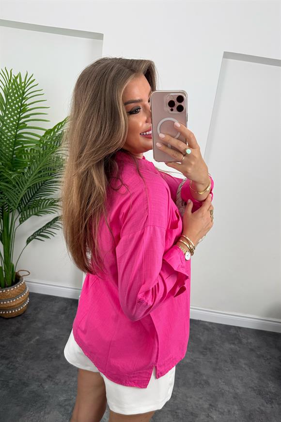 Çift Cepli Basic Keten Gömlek Fuşya