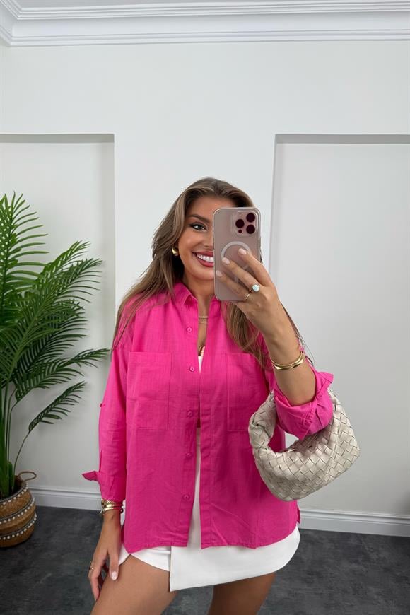 Çift Cepli Basic Keten Gömlek Fuşya