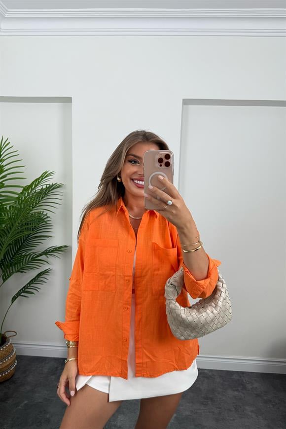 Çift Cepli Basic Keten Gömlek Turuncu