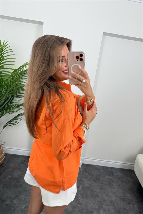 Çift Cepli Basic Keten Gömlek Turuncu