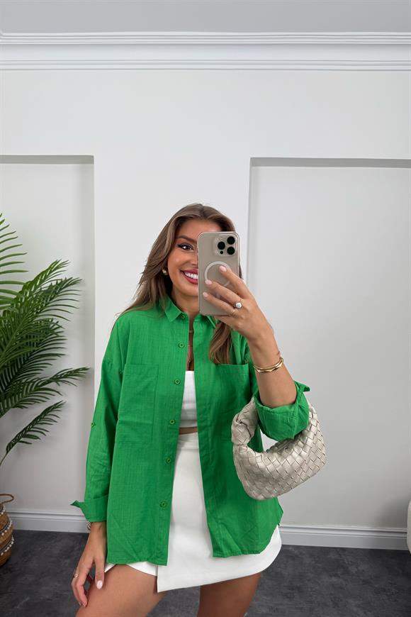 Çift Cepli Basic Keten Gömlek Yeşil