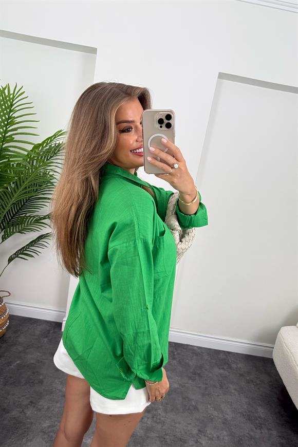 Çift Cepli Basic Keten Gömlek Yeşil