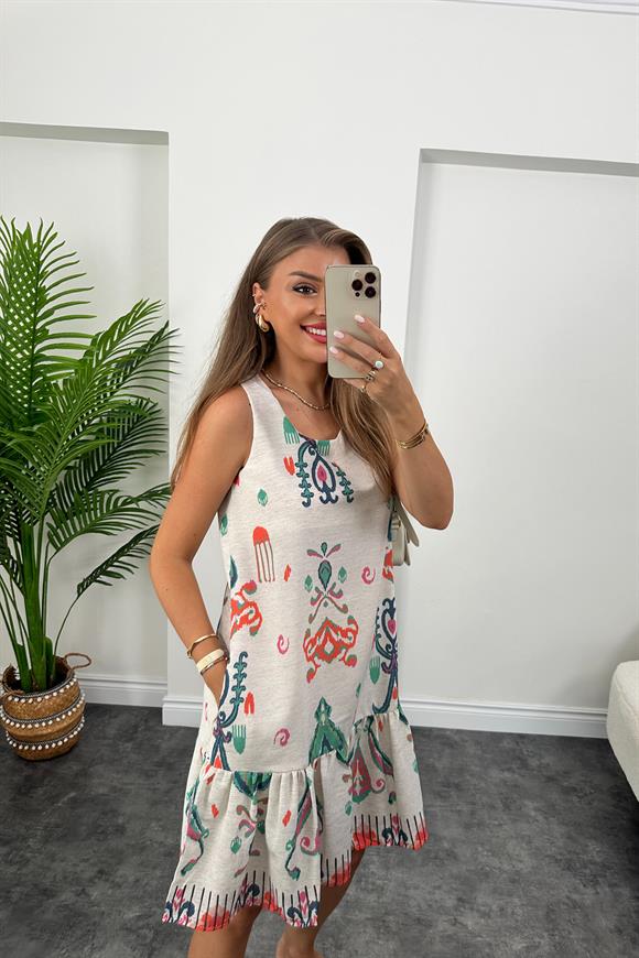 Çini Desen Eteği Valonlu Keten Elbise