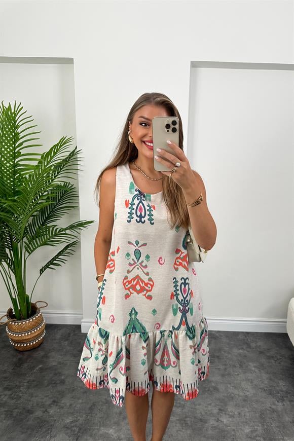 Çini Desen Eteği Valonlu Keten Elbise