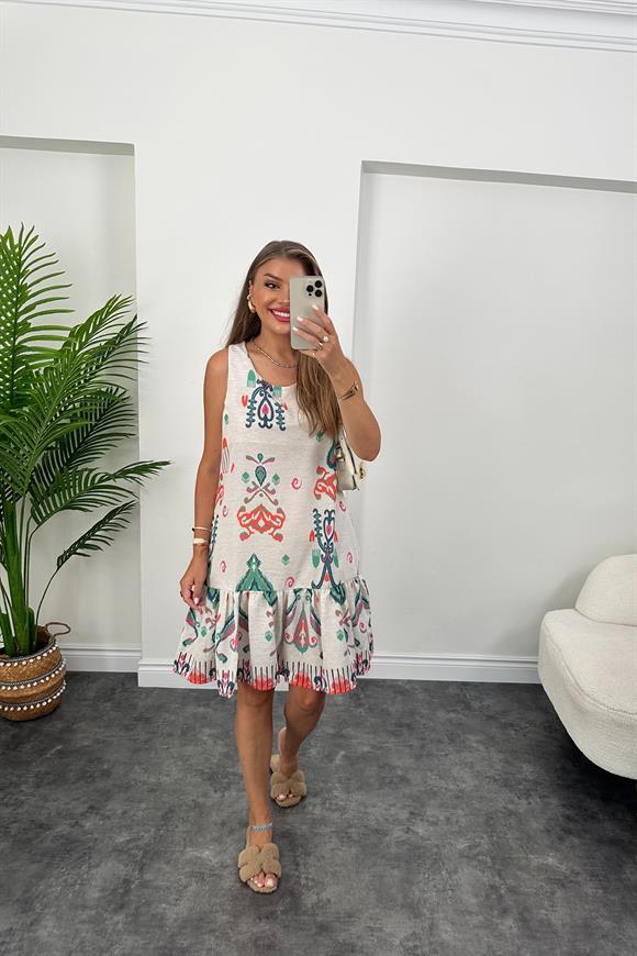 Çini Desen Eteği Valonlu Keten Elbise