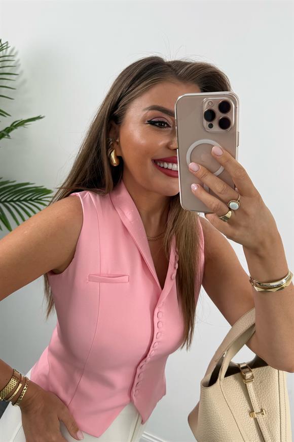 Çok Düğmeli Premium Seri Klasik Kumaş Yelek Pembe