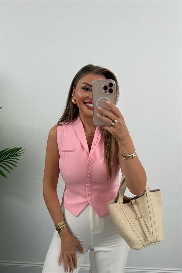Çok Düğmeli Premium Seri Klasik Kumaş Yelek Pembe