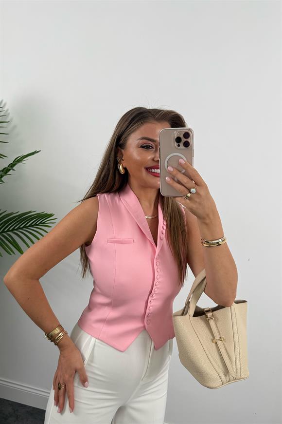 Çok Düğmeli Premium Seri Klasik Kumaş Yelek Pembe