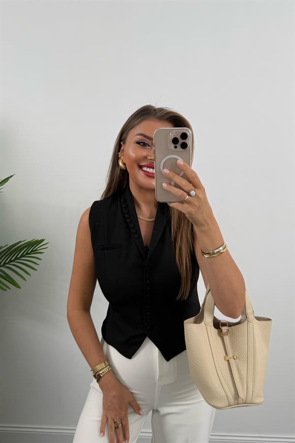 Çok Düğmeli Premium Seri Klasik Kumaş Yelek Siyah