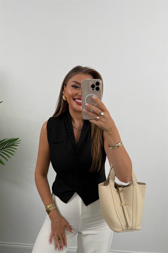 Çok Düğmeli Premium Seri Klasik Kumaş Yelek Siyah