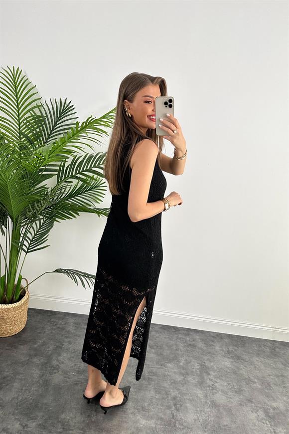 Dantel Motifli Romantik Tasarım Elit Triko Astarlı Elbise Siyah