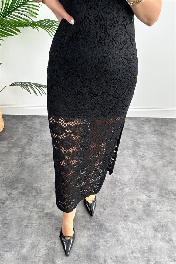 Dantel Motifli Romantik Tasarım Elit Triko Astarlı Elbise Siyah