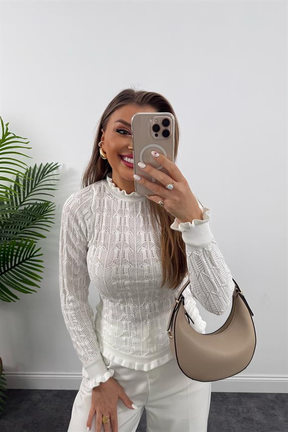 Dantel Örme Ajurlu Romantik Triko Beyaz