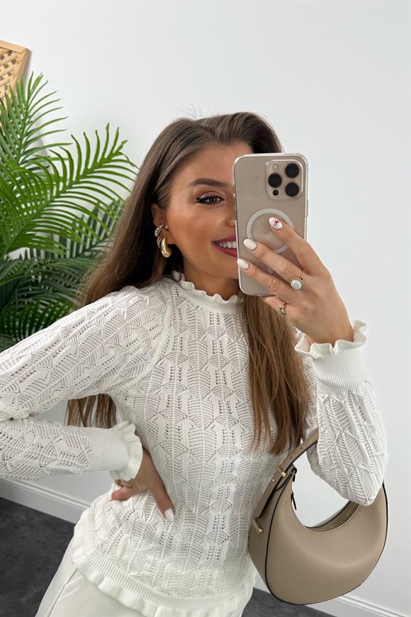 Dantel Örme Ajurlu Romantik Triko Beyaz