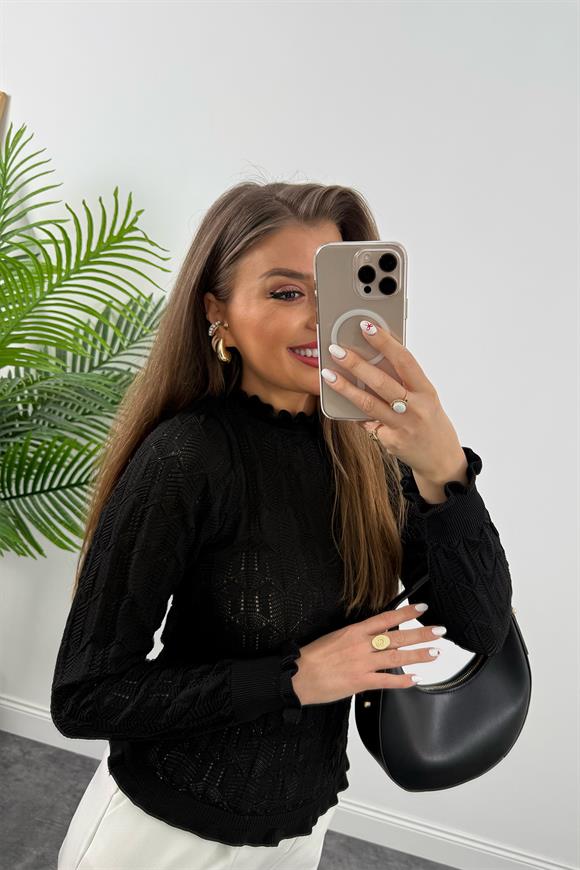 Dantel Örme Ajurlu Romantik Triko Siyah